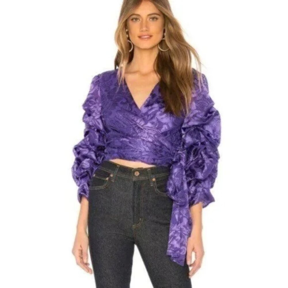 Alice + Olivia Revolve Dominica Silk Wrap Blouse in Baroque Floral Purple M